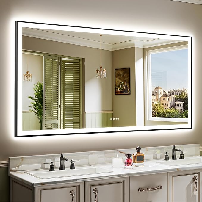 YEELAIT 72x36 Inch LED Bathroom Mirror with Lights (Front Lit and Backlit) Black Framed Lighted Vanity Mirror for Bathroom Wall Dimmable Anti-Fog Memory Tempered Glass Horizontal/Vertical