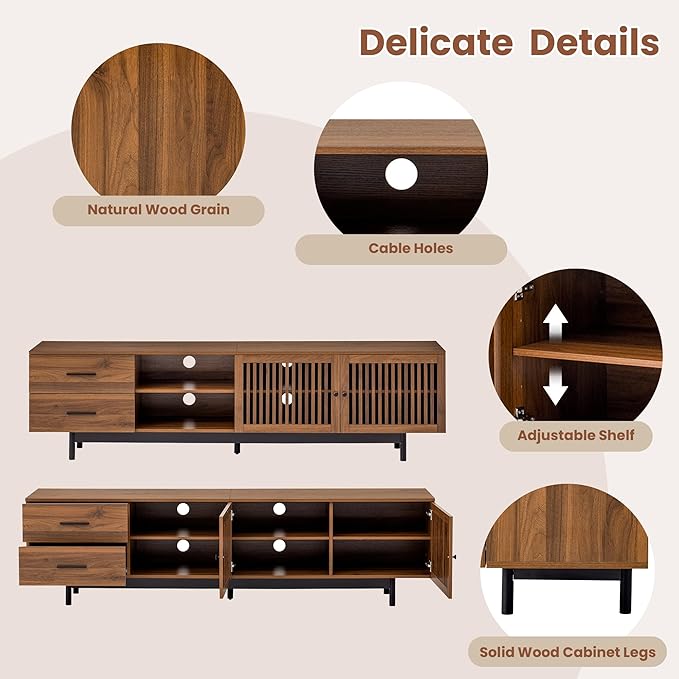 Zerberus 78” TV Stand, Mid-Century Modern TV Console Entertainment Center for TVs up to 85 Inch, Media Cabinet with Deep Drawers, Slatted Doors, Adjustable Shelf, Cable Management