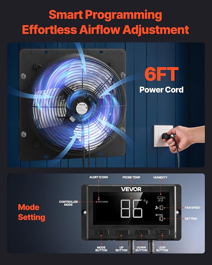 VEVOR 10 inch Shutter Exhaust Fan, Wall Mounted Attic Vent Fan with Smart Programming Variable Speed Temperature Control, 1000 CFM,EC Motor,Timer, for Shed,Garage,Greenhouse Ventilation Cooling,Black