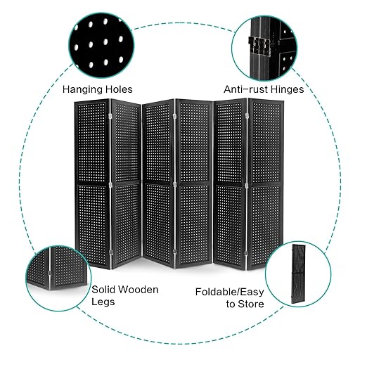 Babion 6 Panel Pegboard Display, Peg Board Room Divider Freestanding Folding Privacy Screens Display Stand for Craft Shows (Black)