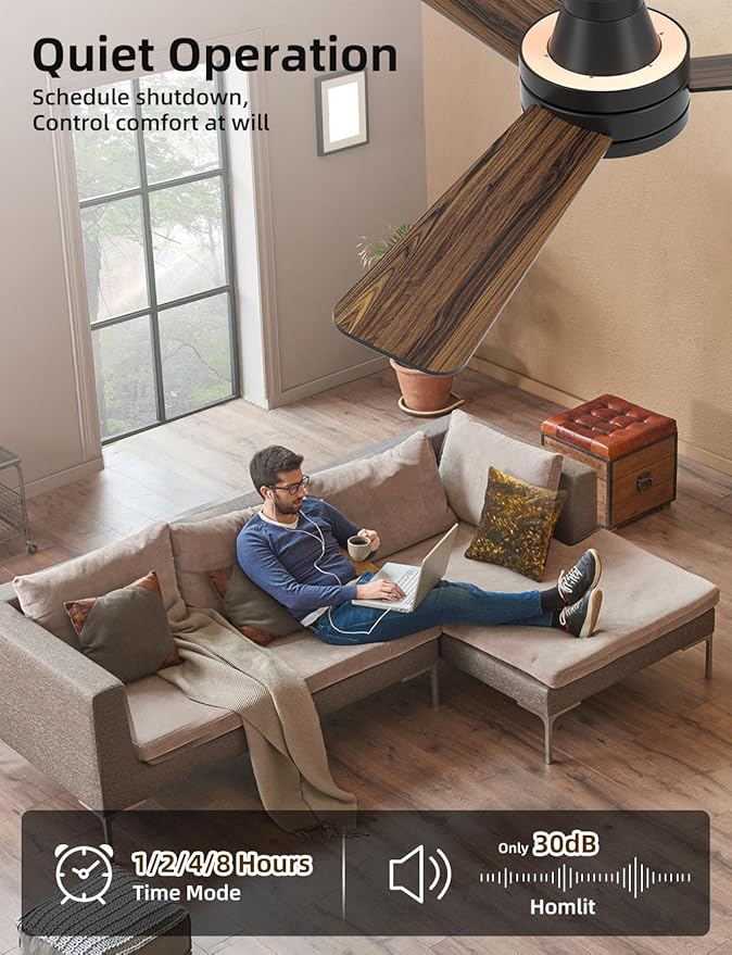 Homlit 42 inch RGB Ceiling Fan with Light, Smart App & Remote Control Low Profile Flush Mount, Music Sync Lighting, 6-Speed Quiet Reversible DC Motor, 4CCT Dimmable for Home Office Party,Black