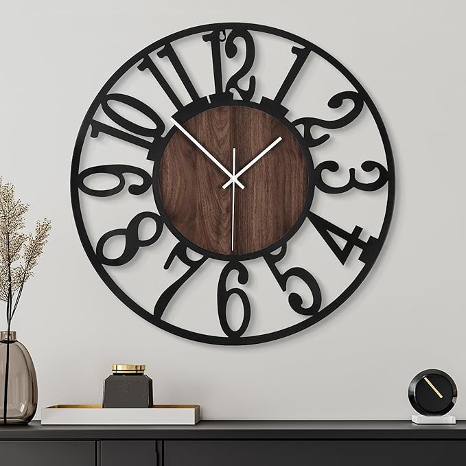 Casaformia 24'' Silent Wall Clock with Night Light, Glow in The Dark Decorative Wall Clock Battery Operated, Rustic Modern Metal & Wood Clocks for Bedroom Living Room Decor, Arabic Numerals