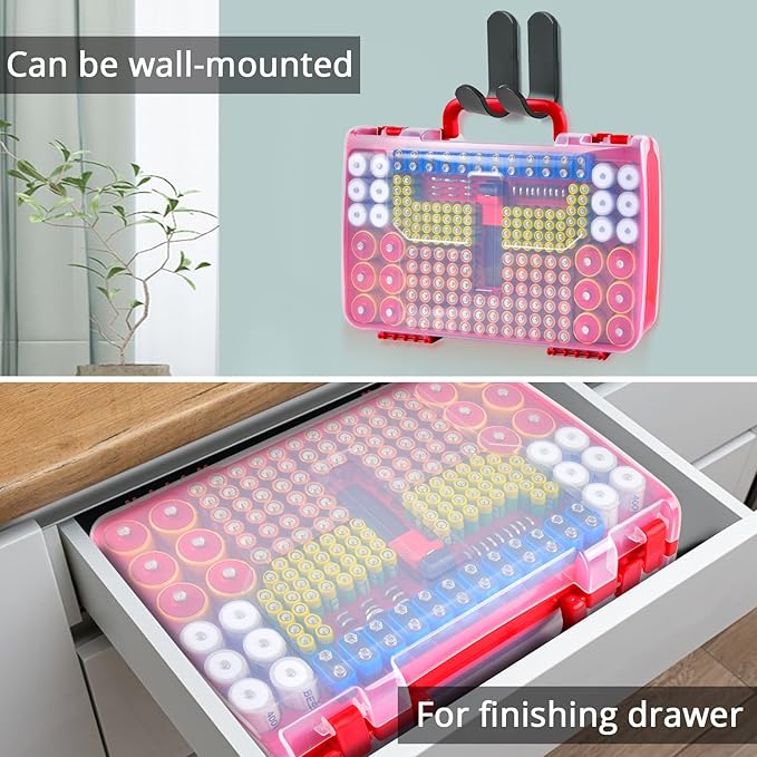 Aptbyte Battery Organizer Storage Holder Box Case with Tester- 269 Batteries Double-Sided Variety Pack, Holds AA AAA 4A C D Cell 9V 3V Lithium LR44 CR2 CR123 CR1632 18650 Button- Red (Box Only)