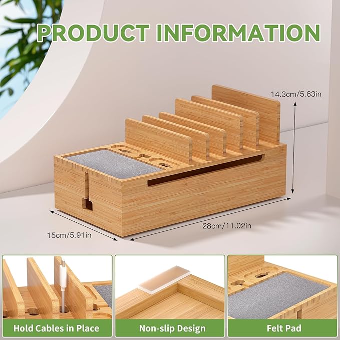 Pezin & Hulin Cell Phone Charging Station for Multi Devices, All in One Desktop Charger Organizer, with Power USB Charge Adapter and 6 Cables, Use As Power Strip Hidden Box -Natural Bamboo Color