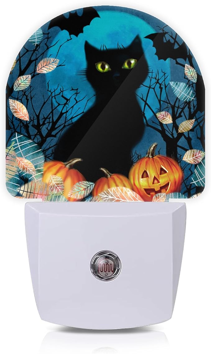 Axxitude Halloween Black Cat Bat Pumpkins Night Lights Plug into Wall for Girls Boys Room,Night Light LED Lamp Dusk to Dawn Sensor Round Lamp for Bedroom Bathroom Hallway Home Wall Decor Nightlight