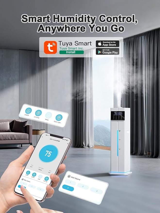Zeova 9L/2.4Gal Smart Cool Mist Humidifier, Top Fill Quiet Humidifier Large Room, Covers 550ft², App & Remote Control, 60H Runtime, 7 Colors Light, 4 Mist Modes Humidifiers for Bedroom, Office, White