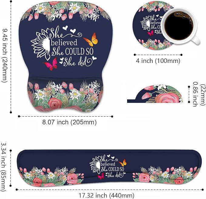 Mouse Pad Wrist Support and Keyboard Wrist Rest Set with Coasters, She Believed She Could So She Did Inspirational Quote with Non-Slip PU Base Ergonomic Mousepad for Computer Laptop Home Office