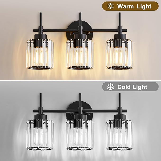 EJIAXIN 3 Light Crystal Vanity Light, Bathroom Lighting Fixtures Over Mirror Black Crystal Wall Light Bath Wall Lighting Modern Bath Wall Sconce Lighting for Bedroom Living Room