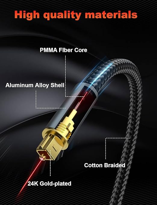 VANAUX Digital Optical Audio Cable Fiber Optic Cable S/PDIF Toslink Cords Compatible with Home Theater, Sound Bar, TV, PS4, Xbox, PlayStation & More - Black (26ft/8m)