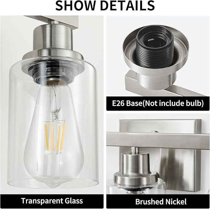 DIKAIDA 3-Light Bathroom Light Fixtures, Nickel Bathroom Vanity Light with Clear Glass Shade, Modern Bathroom Wall Lights Over Mirror, Farmhouse Wall Sconces Lighting for Bedroom Living Room