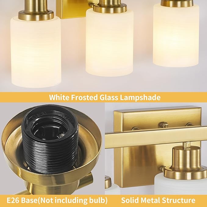 DIKAIDA Gold Bathroom Light Fixtures Over Mirror, 2-Light Modern Vanity Lights with White Glass Shade, Bathroom Wall Lamp Sconces for Mirror Bedroom, Living Room Hallway Small Space