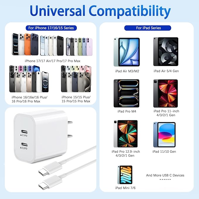 2Pack iPhone 17 16 Charger,Dual Port Fast Wall Charger Block with 10FT USB C to C Cable Cord Chargers Fast Charging for iPhone 17/17 Pro Max/17 Pro/iPhone Air/16Pro Max/16 Plus/15 Pro Max/15Pro/iPad