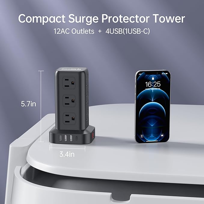 2 Pcs Power Strips with Surge Protection, 6.5 FT Extension Cord with Multiple Outlets, 12 AC 4 USB (1 USB C), Surge Protector Power Strip Tower Overload Protection for Home Office Desk