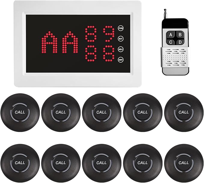 Wireless Calling System Restaurant Pager System Caregiver Pager for Patient Nurse Alert with 1 Number Display and 10 Waterproof Call Buttons for Elderly Clinic Nursing Center Hospital
