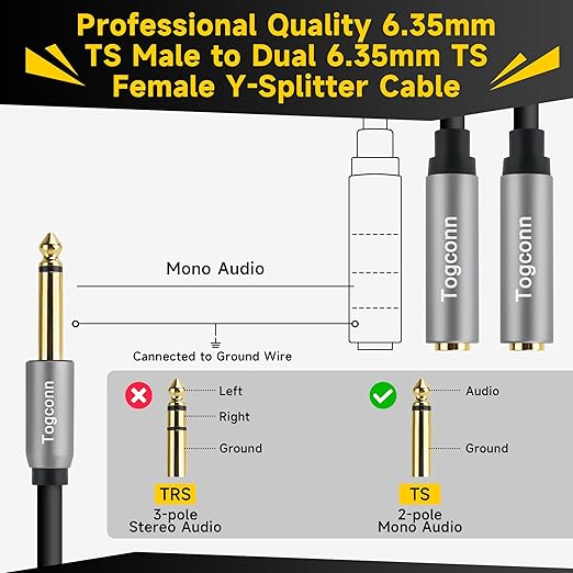 Togconn 1/4 inch TS Mono Splitter Y Adapter, 6.35mm Mono Male to Dual 6.35 mm TS Mono Female Jack, Quarter inch Audio Speaker Splitter Converter Cable 1 Feet, Gold Plated Connectors