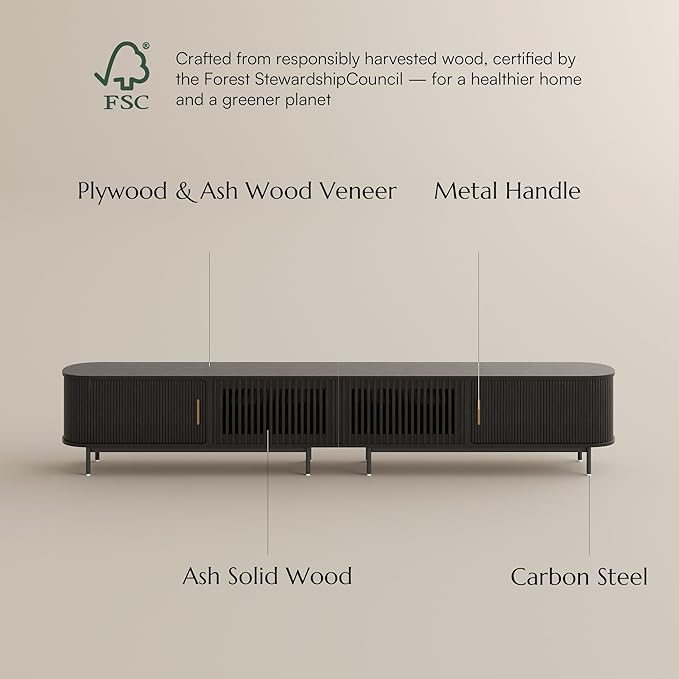 POVISON Sliding Tambour Door TV Stand, Mid Century Modern TV Console, Wood Media Console, Entertainment Center with Storage Cabinet, Fully-Assembled (Black, 118.11")