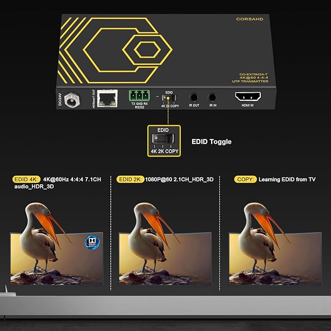 HDMI Extender Over Ethernet 4k 60HZ Uncompressed 18G/BPS Over Single Cat5/6 up to 40m(165ft), RS232+POE+IR+HDCP2.2, HDR CEC EDID Management.