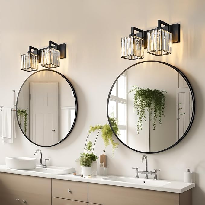 FDPBY Modern Bathroom Vanity Light 2-Lights Black Crystal Bathroom Wall Light Vanity Light Fixtures