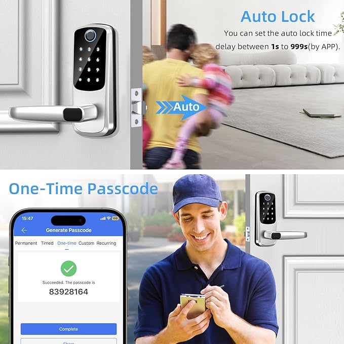 Smart Door Lock with Handle,Keyless Entry Door Locks, 8-in-1 Fingerprint Keypad Exterior Lock - Smart Locks for Front Door - Digital Electronic Smart Lock with Code & APP Control (Silver)