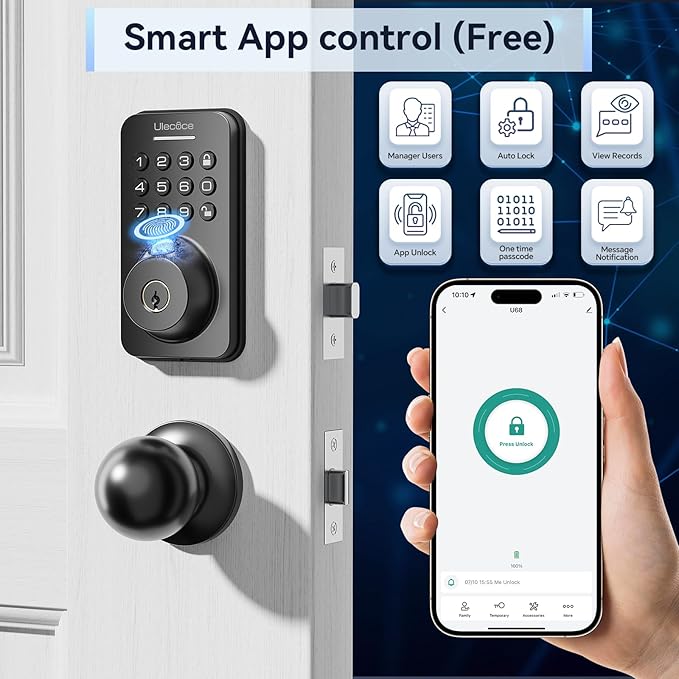 Ulecoce Fingerprint Keypad Deadbolt with Handle Set, Keyless Entry Door Lock, Door Locks for Front Door Lock Set, App Control, Auto Locking, Easy to Install, Matte Black