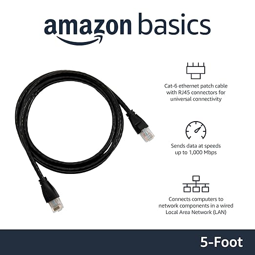 Amazon Basics RJ45 Cat-6 Ethernet Patch Internet Cable - 5 Foot (1.5 Meters), 16 Pack of 10, 160 Count Total, Black