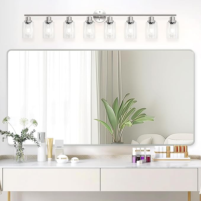 Guliaofo 8-Light Brushed Nickel Vanity Lights, Modern Bathroom Light Fixtures with Clear Glass Shade, Wall Lamps for Mirror Kitchen Hallway Cabinet Living Room Sconces Lights - E26