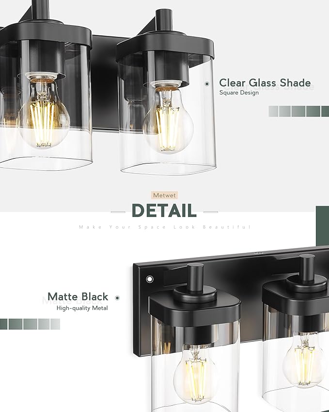 METWET Bathroom Light Fixtures, 5-Light 30" Vanity Light with Square Clear Glass Shade, Modern Matte Black Wall Sconces, Vanity Lighting Fixtures Over Mirror, VL194-MB-5