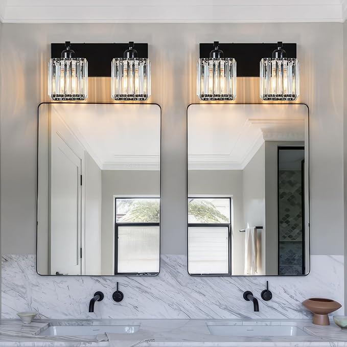 FDPBY Modern Bathroom Vanity Light 2-Lights Plating Black Crystal Bathroom Wall Light Vanity Light Fixtures