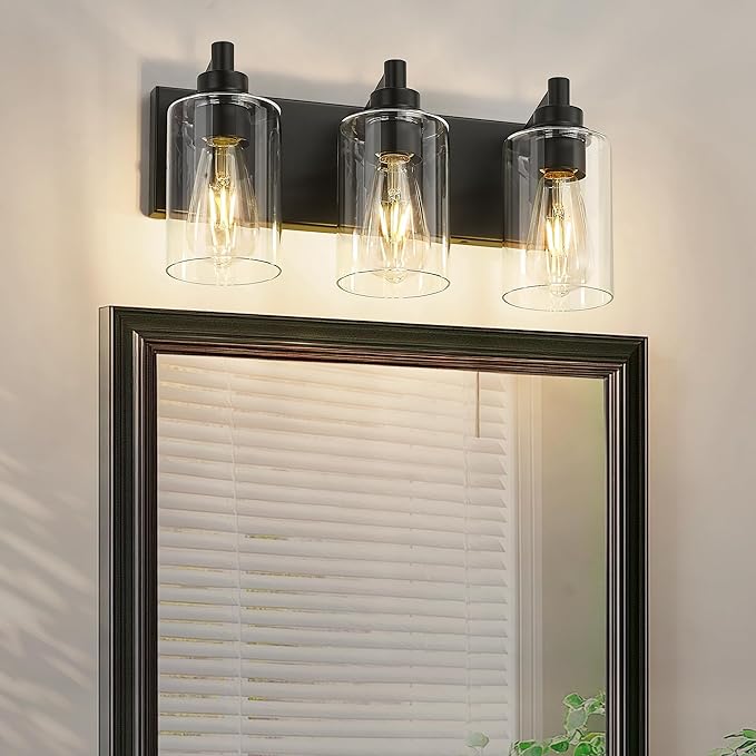 METWET 3-Light Bathroom Light Fixtures, Black Vanity Light with Cylinder Clear Glass Shade, Modern Vanity Lighting Fixtures Over Mirror, VL143-MB-3