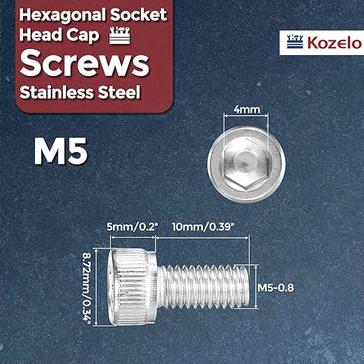 Kozelo 100pcs Socket Head Cap Screws - [M5-0.8 x 10mm] 304 Stainless Steel Allen Socket Drive for Electrical Motor 3D Printing Fan Engine Replacement Use, Silver