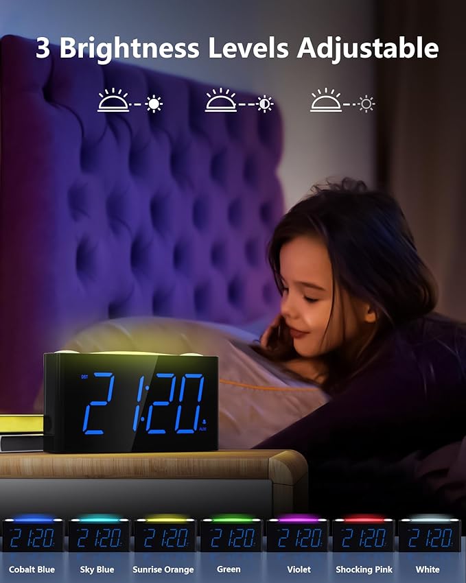 Digital Alarm Clock for Bedroom - 7 Color Night Light, USB and Type-C Charger,7.5" Large Number Screen & Dimmer,12/24H,Battery Backup,Easy Loud Electric Alarm Clock for Heavy Sleeper,Boy&Girl Kid Teen