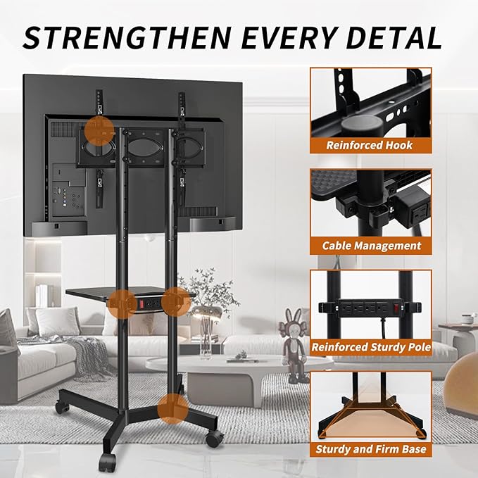 Solid Grace Rolling TV Stand with Power Outlet for 32-75 Inch TVs up to 88lbs, Portable TV Stand with Shelf, Mobile TV Cart for Living Room, Office, Meeting Room, Outdoor(with Power Outlet+Shelf)