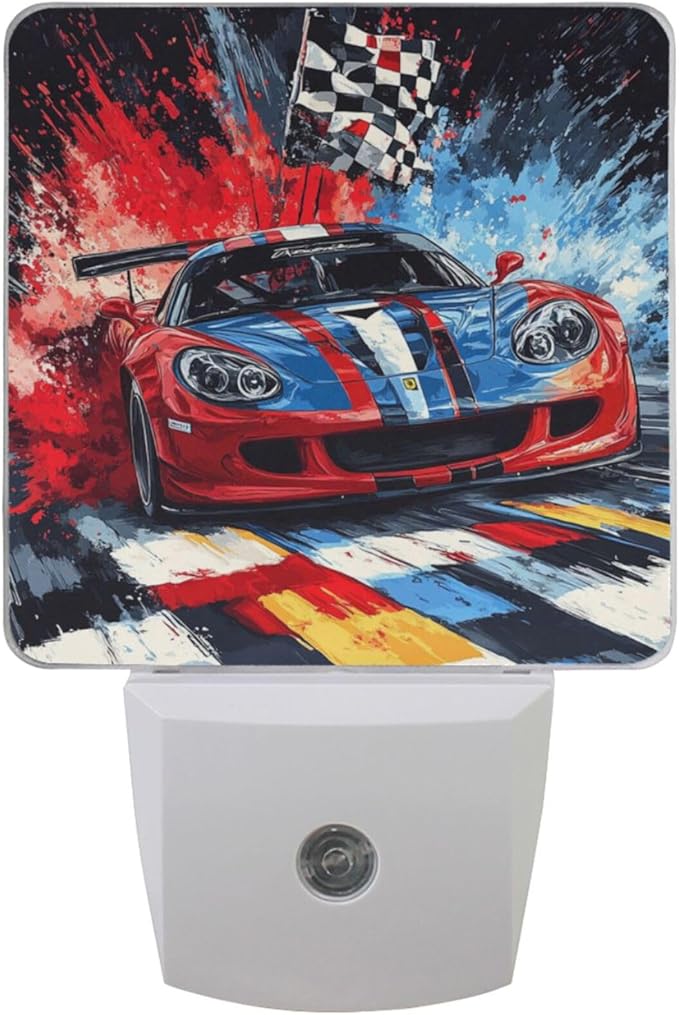 Pigsaly Led Night Light Red Blue Sports Car Checkered Flag Night Light Plug in Wall Lamp Smart Dusk to Dawn Sensor Nightlight Led Lamp Energy Saving Lights Gift for Kids Room Bedroom Bathroom Hallway