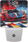 Pigsaly Led Night Light Red Blue Sports Car Checkered Flag Night Light Plug in Wall Lamp Smart Dusk to Dawn Sensor Nightlight Led Lamp Energy Saving Lights Gift for Kids Room Bedroom Bathroom Hallway