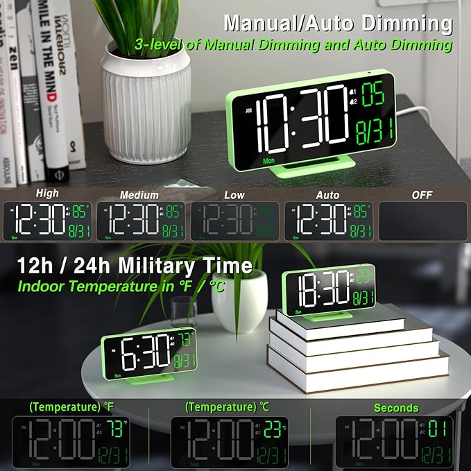 KOSUMOSU Small Digital Clock, 6.7in Alarm Clocks for Bedrooms, Auto Dimming, Room Temperature, Day of The Week, Seconds, Date, Desk Clock for Bedroom, Digital Clocks for Living Room