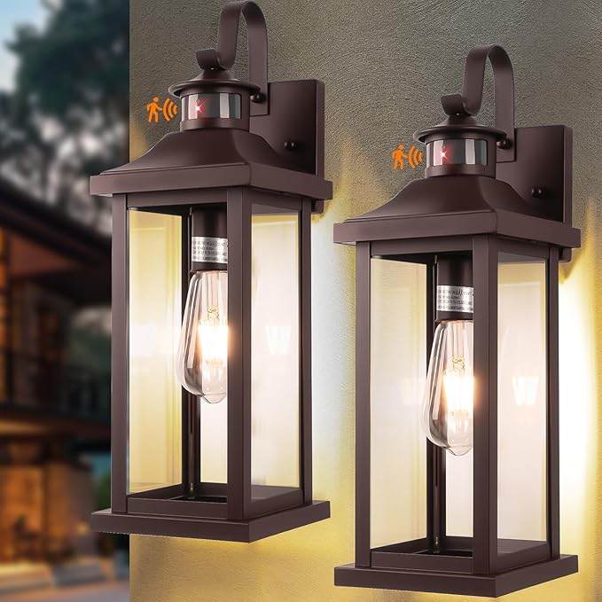 Roravilila Dusk to Dawn Motion Sensor Outdoor Lights Oil Rubbed Bronze 2-Pack, 18 Inch Large Outdoor Light Fixtures Brown Exterior Lights Photocell IP65 Waterproof Outside Lanterns for House Vintage