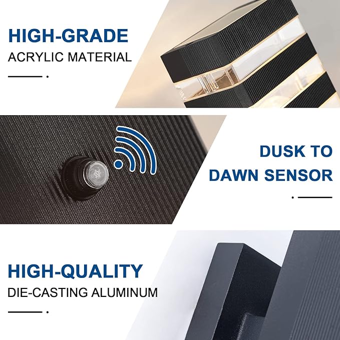 Delicavy Dusk to Dawn Sensor Outdoor Wall Lights Up Down Porch Lights Modern Exterior Light Fixtures Photocell Waterproof Black Aluminum Housing for Front Porch, Patio, Garage (Use Two E26 Bulbs)