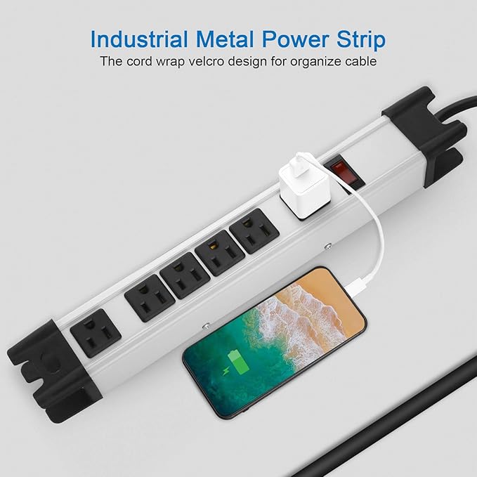 Heavy Duty Power Strip Surge Protector - 6 Outlet Industrial Strip with 15A, 25 FT Cord, 1200 Joules - ETL Listed Grey Metal for Shop, Workshop, Garden