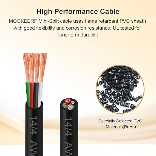 MOOKEERF 14/4 AWG Mini-Split Cable - 250FT 14 AWG 4 Conductor Control Cable 300V Stranded Oxygen-Free Pure Copper Wire for Mini Split Air Conditioner,Heat Pump,HVAC Systems and Speaker Systems