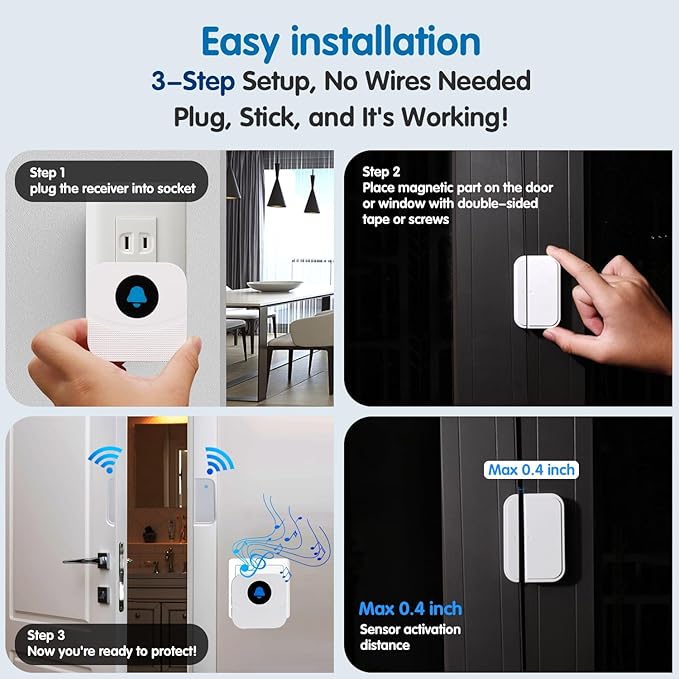 KOOSTONE Wireless Door Chime & Window Sensor Alarm - 600Ft Long Range Door Sensor for Business and Home Security Door Chime with 55 Ringtones, 5 Volume Levels, Easy Install (1 Receiver & 2 Sensors)