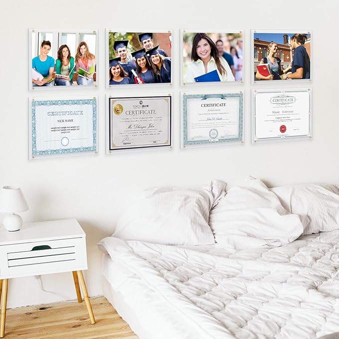 Kalami 11x14 Acrylic Wall Mount Picture Frame Self Adhesive, No Drill Holes Floating Frameless Clear Photo Frame for Diploma Certificate Degree Document Display Gallery Wall-Full Frame is 12x15