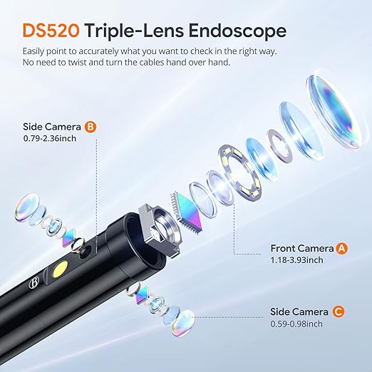 Triple Lens Endoscope Camera with Light with 50FT Semi-Rigid Cable, DEPSTECH 5" IPS Screen Sewer Inspection Camera, 1080P Industrial Borescope, Split Screen, Waterproof Drain Pipe Tool, Carrying Case