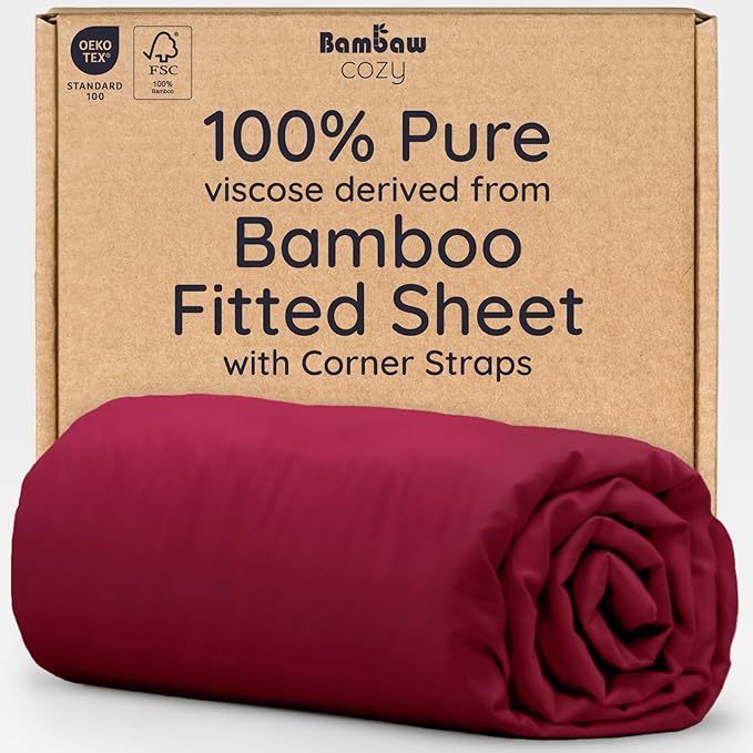 Bambaw 100% Viscose Derived from Bamboo Fitted Sheet Queen Size, Cooling Fitted Sheet, Queen Mattress Fitted Sheet Only, Deep Pocket Fitted Sheet with Corner Straps (Burgundy)