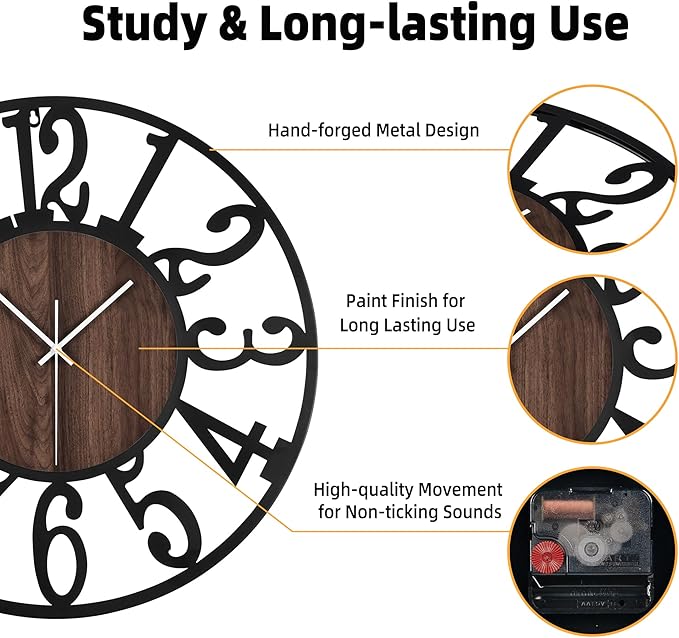 Casaformia 24'' Silent Wall Clock with Night Light, Glow in The Dark Decorative Wall Clock Battery Operated, Rustic Modern Metal & Wood Clocks for Bedroom Living Room Decor, Arabic Numerals