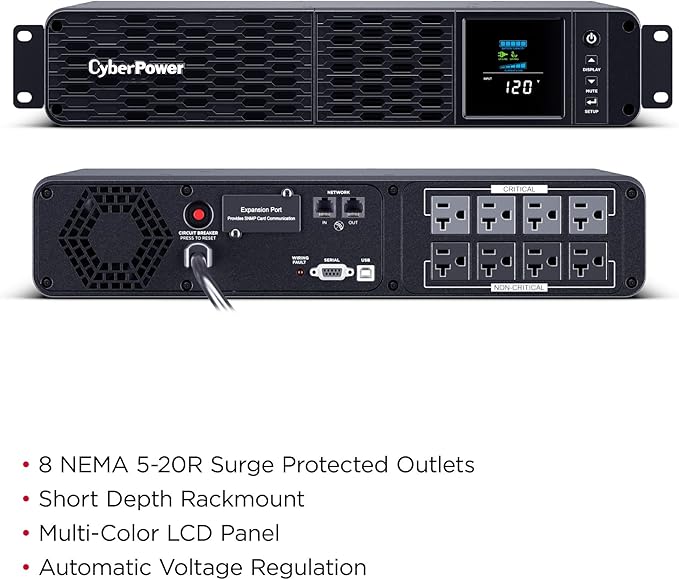 CyberPower CP2000PFCRM2U PFC Sinewave UPS Battery Backup and Surge Protector, 2000VA/1200W, 8 Outlets, AVR, Short Depth 2U Rackmount, UL Certified