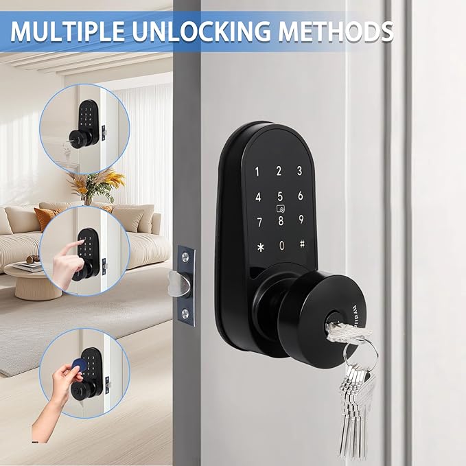 JESSTTI Electronic Door Lock with Touchscreens,Door Locks for Front Door, Electronic Door Knob with/IC Card/Password/Key,Digital Door Lock with Keypad