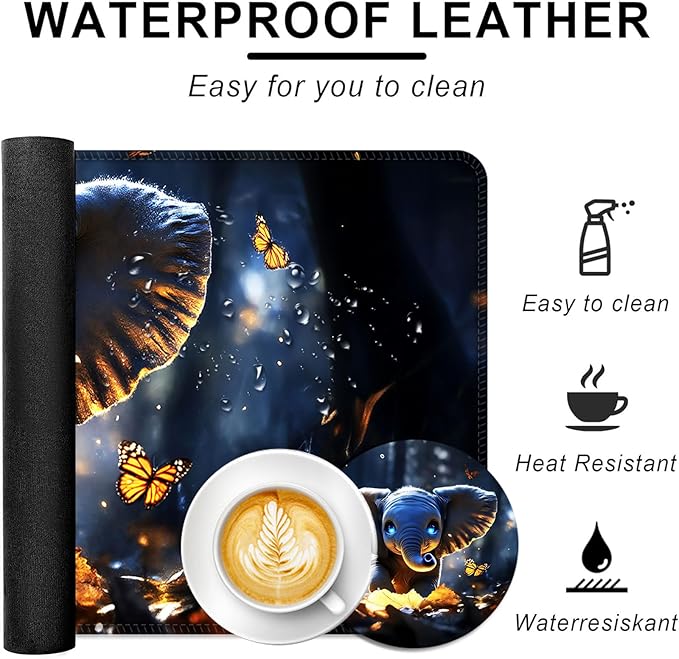 BFUKVOU Large Keyboard Mouse Pad Set, Extended Mouse Pad+Keyboard Wrist Rest Support, Memory Foam Ergonomic Easy Typing, 4Pcs (31.5×11.8 in) Desk Pad Set for Office Home,Cute Elephant with Butterflies