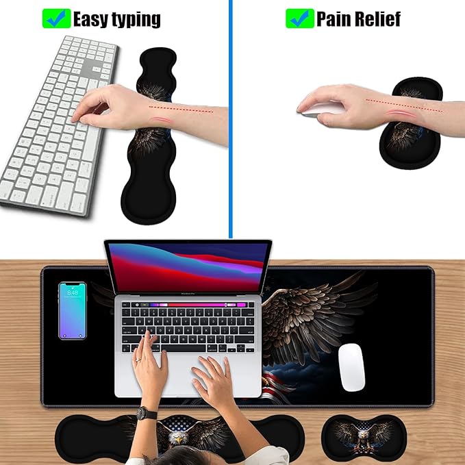 4 in 1 Ergonomic Keyboard Wrist Rest & Mouse Pad Wrist Rest Set, Large XXL Gaming Desk Mat 31.5"x 11.8" with Non-Slip Base, Memory Foam for Home Office Study Gaming, American Flag Bald Eagle