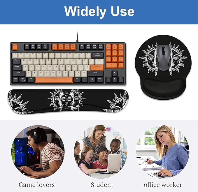 Keyboard Wrist Rest + Mouse Pad Wrist Support Set with Coasters, Moon and Sun with Many Fractal Faces Celestial Energy Mystic Art Wrist Mouse Pad with Non-Slip PU Base for Home Office Working Studying