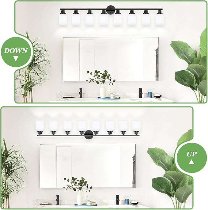 Guliaofo 8-Light Vanity Lights, Black Bathroom Light Fixture with Striped Textured Milky White Glass Shade, Modern Vanity Lighting Fixture for Bathroom Wall Light Over Mirror, E26 Wall Sconce
